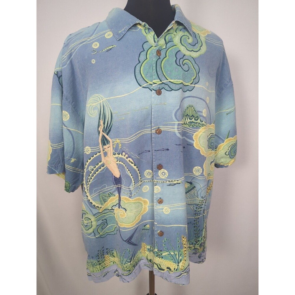 TOMMY BAHAMA Mens XXL Silk Mermaid Ocean Print Camp Shirt Blue Fantasy Aloha
